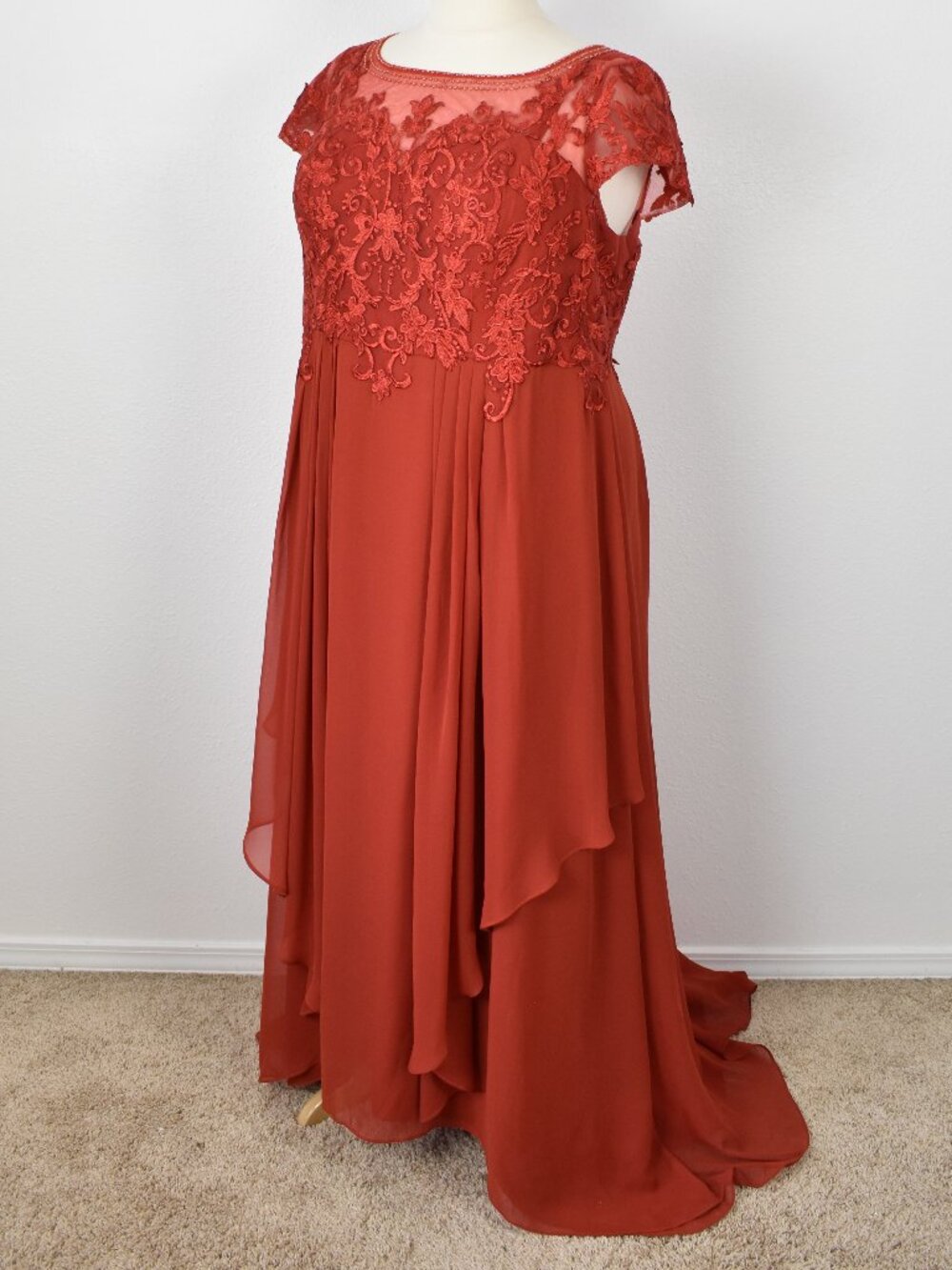 Azazie RUST Short Sleeve Lace Chiffon Dress - 22 - Picture 3 of 12